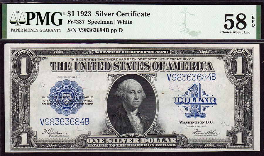 Fr.237, 1923 $1 Silver Certificate, Very Choice AU, PMG58-EPQ, V98363684B